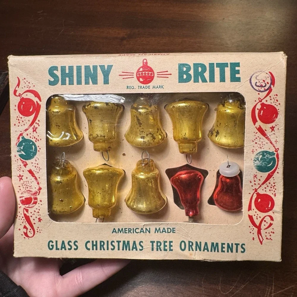Vintage Shiny Brite Glass Tree Ornaments Bells ~ 8 Gold, 2 Red ~ 2 Wire Hangers